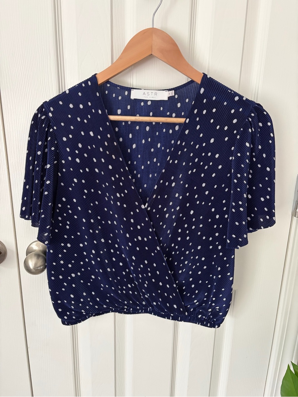 ASTR Navy Polka Dot Wrap Blouse